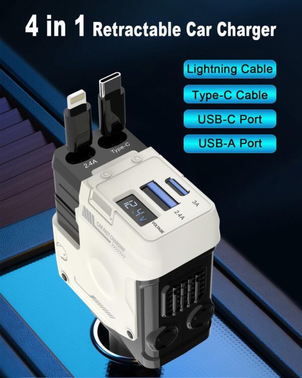 Retractable Car Charger 4 in 1, with 2 Cables, Supports Super Fast Charging(Max 66W), 2 USB Ports Car Charger Adapter for iPhone 16/15/14/13/12/11 Pro Max, Fold6/5/S25/24, Pixel - 图片 8