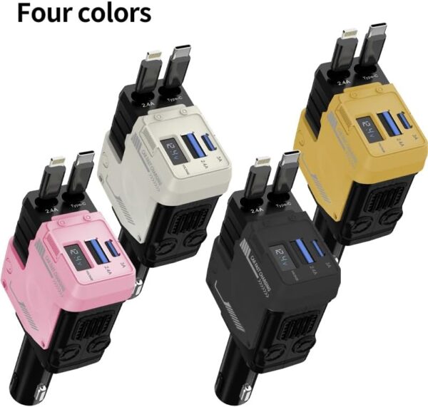 Retractable Car Charger 4 in 1, with 2 Cables, Supports Super Fast Charging(Max 66W), 2 USB Ports Car Charger Adapter for iPhone 16/15/14/13/12/11 Pro Max, Fold6/5/S25/24, Pixel
