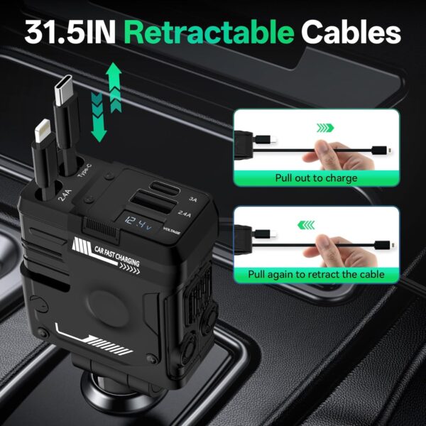 Retractable Car Charger 4 in 1, with 2 Cables, Supports Super Fast Charging(Max 66W), 2 USB Ports Car Charger Adapter for iPhone 16/15/14/13/12/11 Pro Max, Fold6/5/S25/24, Pixel - 图片 6