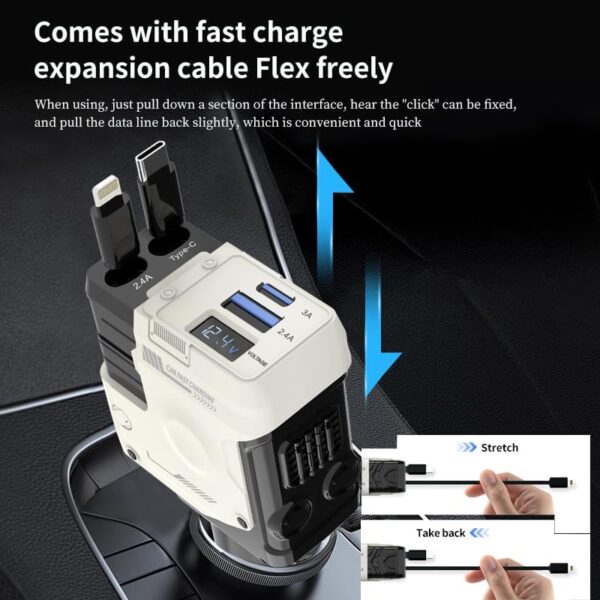 Retractable Car Charger 4 in 1, with 2 Cables, Supports Super Fast Charging(Max 66W), 2 USB Ports Car Charger Adapter for iPhone 16/15/14/13/12/11 Pro Max, Fold6/5/S25/24, Pixel - 图片 5