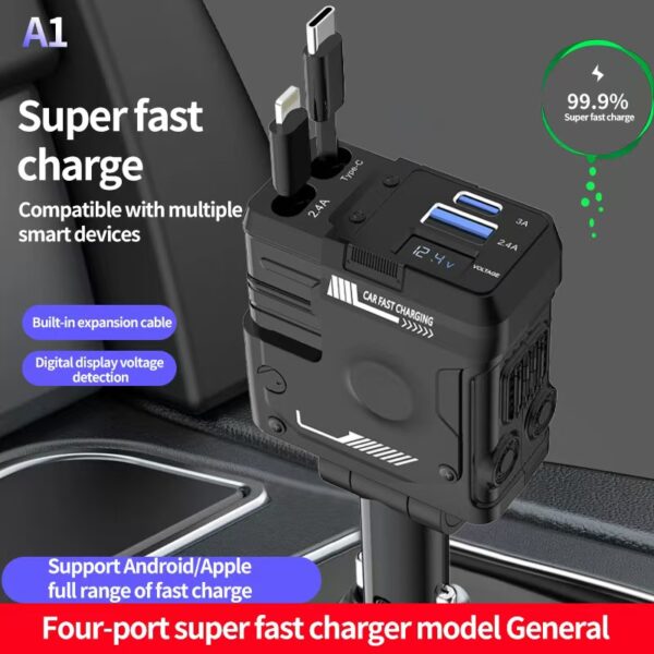 Retractable Car Charger 4 in 1, with 2 Cables, Supports Super Fast Charging(Max 66W), 2 USB Ports Car Charger Adapter for iPhone 16/15/14/13/12/11 Pro Max, Fold6/5/S25/24, Pixel - 图片 3