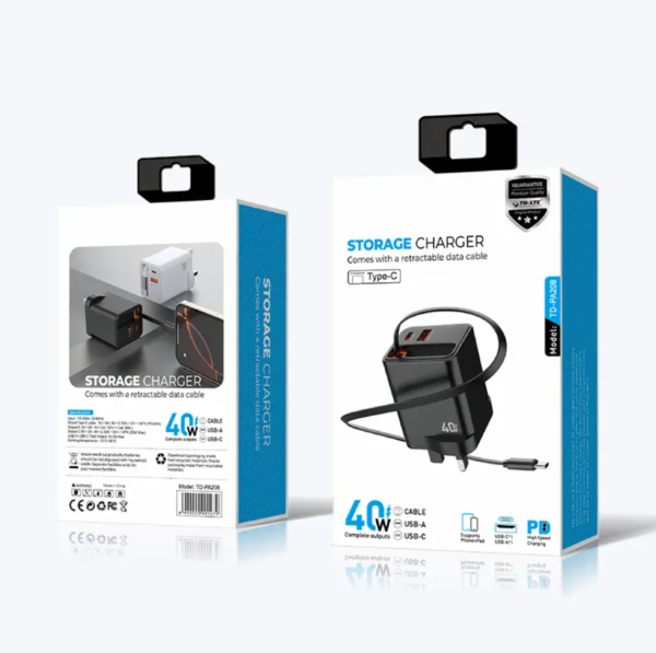 Retractable Wall Charger GaN 40W PD Fast USB C Charger with Retractable Type-C Cable for Mobile Phone Laptop Tablet - 图片 9