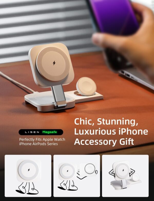Wireless charger 3 1 android Charging Station for Apple Magsafe Charger Travel Accessories, Wireless Charger 3 in 1 for iPhone 12 13 14 16 15 Pro Max Magsafe Accessories Charger for Airpods iWatch iPhone - 图片 3