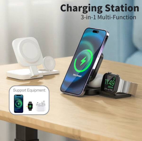 Wireless charger 3 1 android Charging Station for Apple Magsafe Charger Travel Accessories, Wireless Charger 3 in 1 for iPhone 12 13 14 16 15 Pro Max Magsafe Accessories Charger for Airpods iWatch iPhone - 图片 6