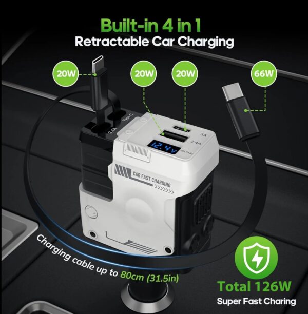 Retractable Car Charger 4 in 1, with 2 Cables, Supports Super Fast Charging(Max 66W), 2 USB Ports Car Charger Adapter for iPhone 16/15/14/13/12/11 Pro Max, Fold6/5/S25/24, Pixel - 图片 2