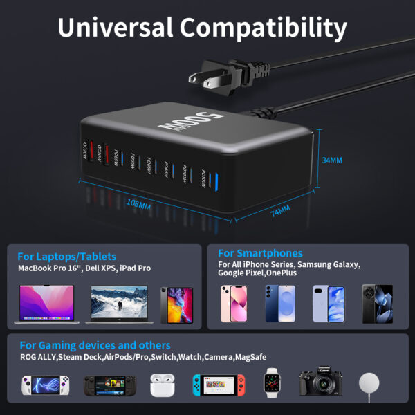 500W 8 Ports  GaN USB Type C Fast Charger Multiple Ports PD QC3.0 Desktop Fast Charger for Phone 16 15 14 13 - 图片 7