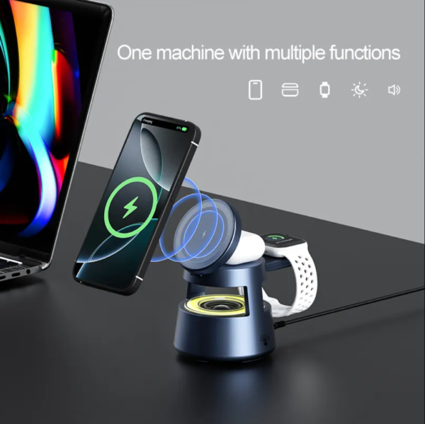 5 in 1 Charging Station,Magnetic Wireless Charger with Night Light & Speaker for Apple MagSafe Charger Stand,Foldable Nightstand Charging Station for iPhone,Airpods,Watch - 图片 3