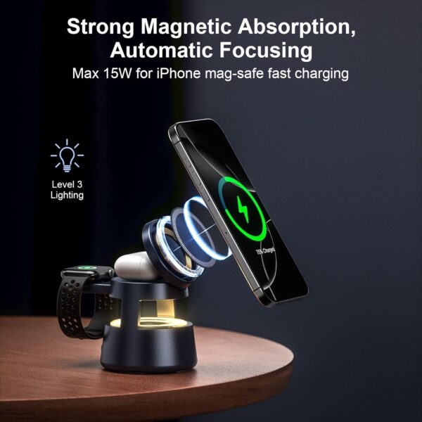 5 in 1 Charging Station,Magnetic Wireless Charger with Night Light & Speaker for Apple MagSafe Charger Stand,Foldable Nightstand Charging Station for iPhone,Airpods,Watch - 图片 10