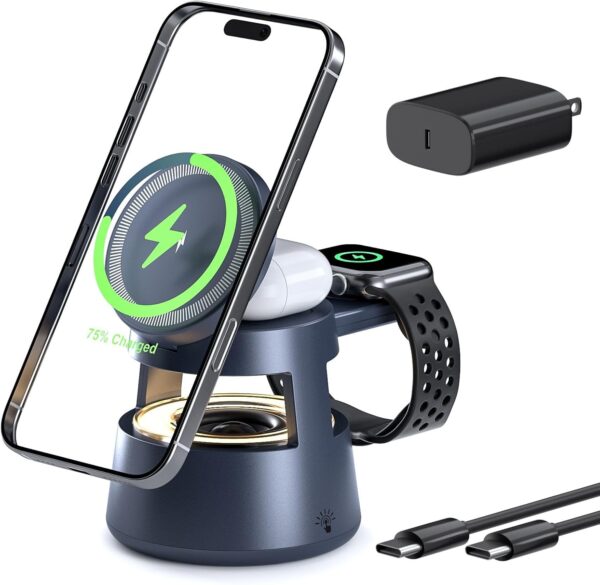 5 in 1 Charging Station,Magnetic Wireless Charger with Night Light & Speaker for Apple MagSafe Charger Stand,Foldable Nightstand Charging Station for iPhone,Airpods,Watch