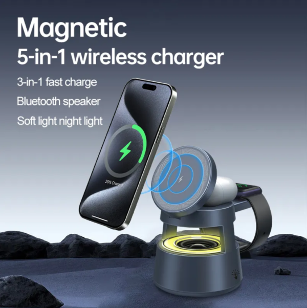 5 in 1 Charging Station,Magnetic Wireless Charger with Night Light & Speaker for Apple MagSafe Charger Stand,Foldable Nightstand Charging Station for iPhone,Airpods,Watch - 图片 2
