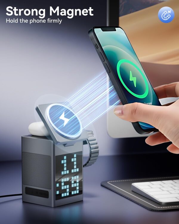 Bluetooth Speaker 5 in 1 Wireless Charging Station for Magsafe Charger Stand with Alarm Clock, Pixel Display for Bedside, Office, Men Women's Gifts - 图片 8