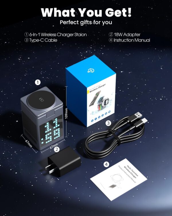 Bluetooth Speaker 5 in 1 Wireless Charging Station for Magsafe Charger Stand with Alarm Clock, Pixel Display for Bedside, Office, Men Women's Gifts - 图片 7