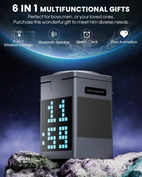 Bluetooth Speaker 5 in 1 Wireless Charging Station for Magsafe Charger Stand with Alarm Clock, Pixel Display for Bedside, Office, Men Women's Gifts - 图片 4
