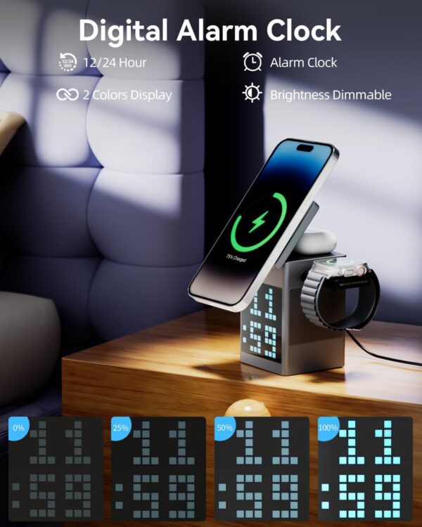 Bluetooth Speaker 5 in 1 Wireless Charging Station for Magsafe Charger Stand with Alarm Clock, Pixel Display for Bedside, Office, Men Women's Gifts - 图片 3