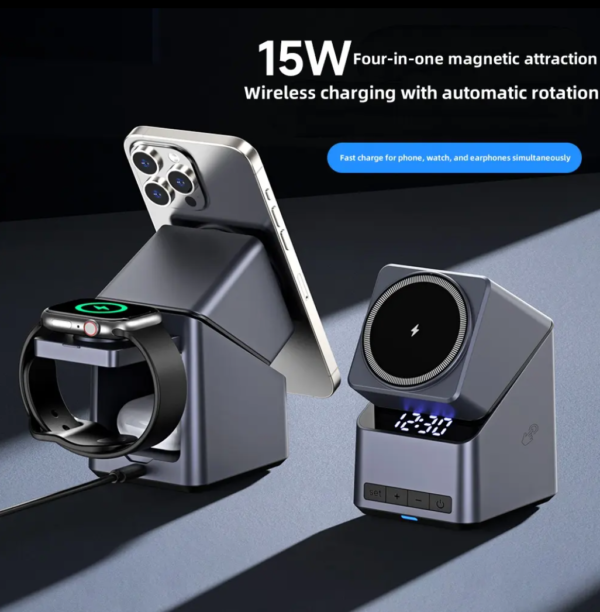 New Products 15W Fast Magnetic Wireless Charger Stand Touch Automatic Rotation 3 in 1 Wireless Charger Digital Alarm Clock Hot