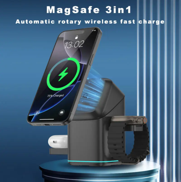 Newest Design Wireless Charger 3 in 1 Magsafe Strong Magnetic Multifunctional Wireless Charger Automatic Magic Rotating Foldable With Desktop Station Foldable Travel