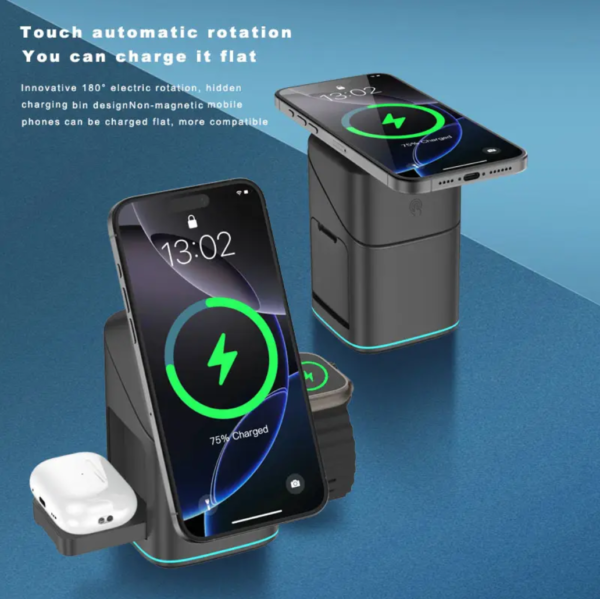 Newest Design Wireless Charger 3 in 1 Magsafe Strong Magnetic Multifunctional Wireless Charger Automatic Magic Rotating Foldable With Desktop Station Foldable Travel - 图片 3