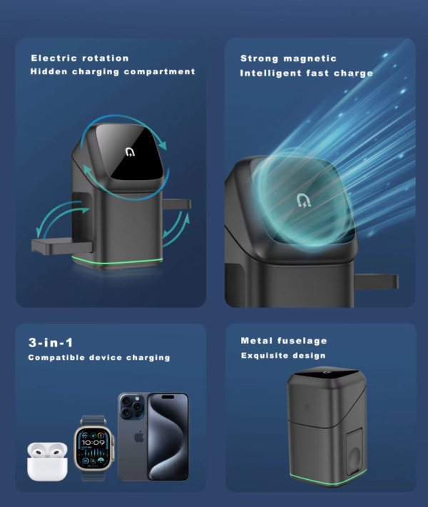 Newest Design Wireless Charger 3 in 1 Magsafe Strong Magnetic Multifunctional Wireless Charger Automatic Magic Rotating Foldable With Desktop Station Foldable Travel - 图片 7