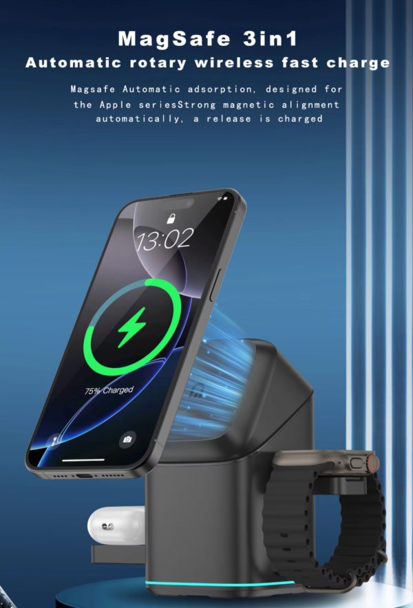 Newest Design Wireless Charger 3 in 1 Magsafe Strong Magnetic Multifunctional Wireless Charger Automatic Magic Rotating Foldable With Desktop Station Foldable Travel - 图片 8