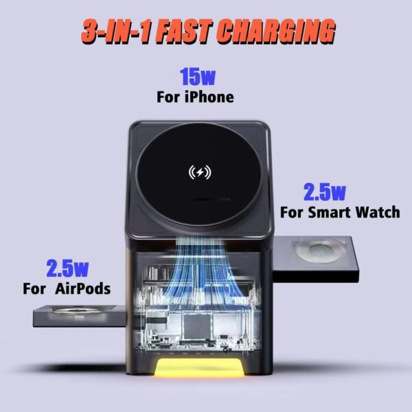 3-in-1 Wireless Charging Station: Fast 15W Charging for Phone, Watch & Earbuds | Modern Desk Organizer Magnetic Magic Wireless charger - 图片 3
