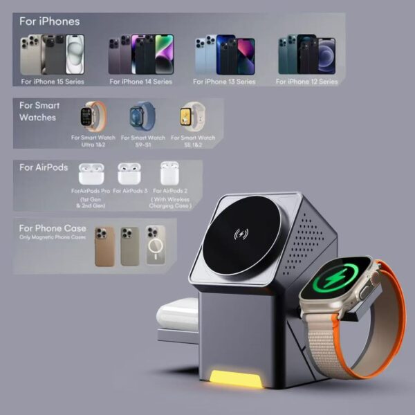 3-in-1 Wireless Charging Station: Fast 15W Charging for Phone, Watch & Earbuds | Modern Desk Organizer Magnetic Magic Wireless charger - 图片 2