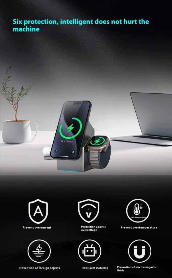 3-in-1 Wireless Charging Station: Fast 15W Charging for Phone, Watch & Earbuds | Modern Desk Organizer Magnetic Magic Wireless charger - 图片 6